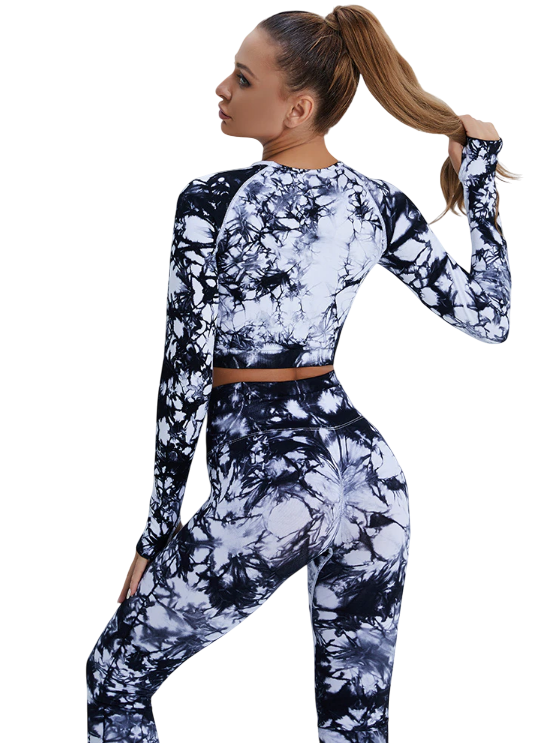 Ensemble Seamless Tie-Dye Noir & Blanc Manches Longues – Brassière & Legging