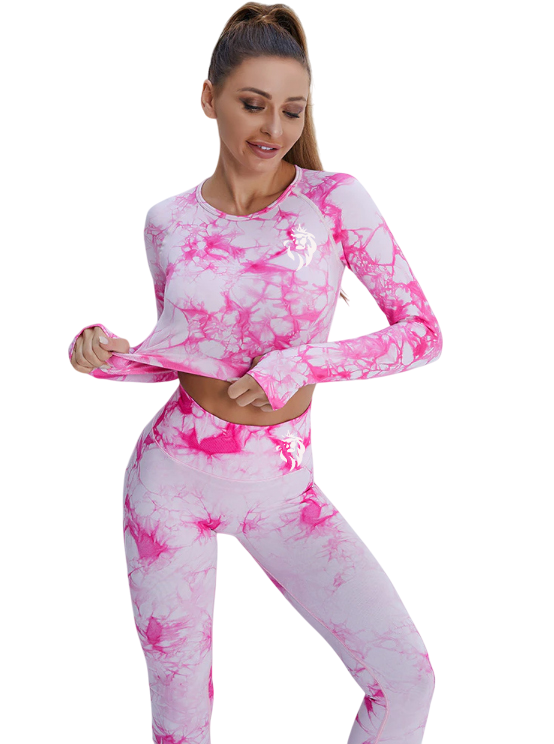 Ensemble Tie-Dye Rose Éclatant – Brassière Manches Longues & Legging Taille Haute