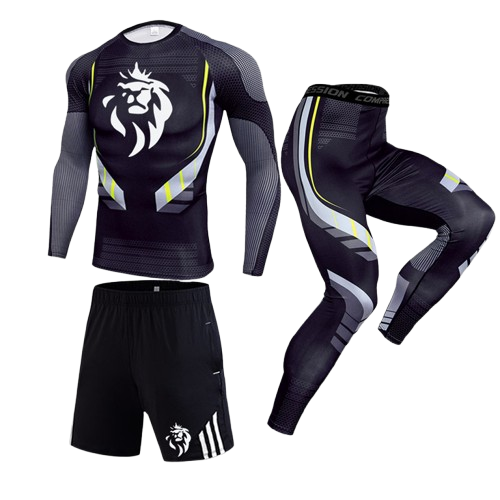 Ensemble Compression LionzFit Gris Anthracite & Jaune – 3 pièces Performance