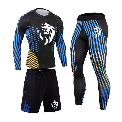 Ensemble Sport Compression "Lion Power" 3 pièces – Performance & Style (Bleu, Noir)