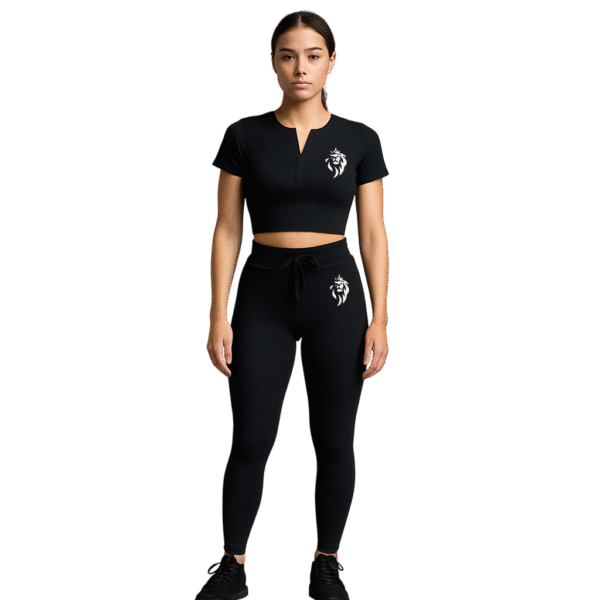 Ensemble Sport Côtelé Crop Top Zippé & Legging Taille Haute Noir